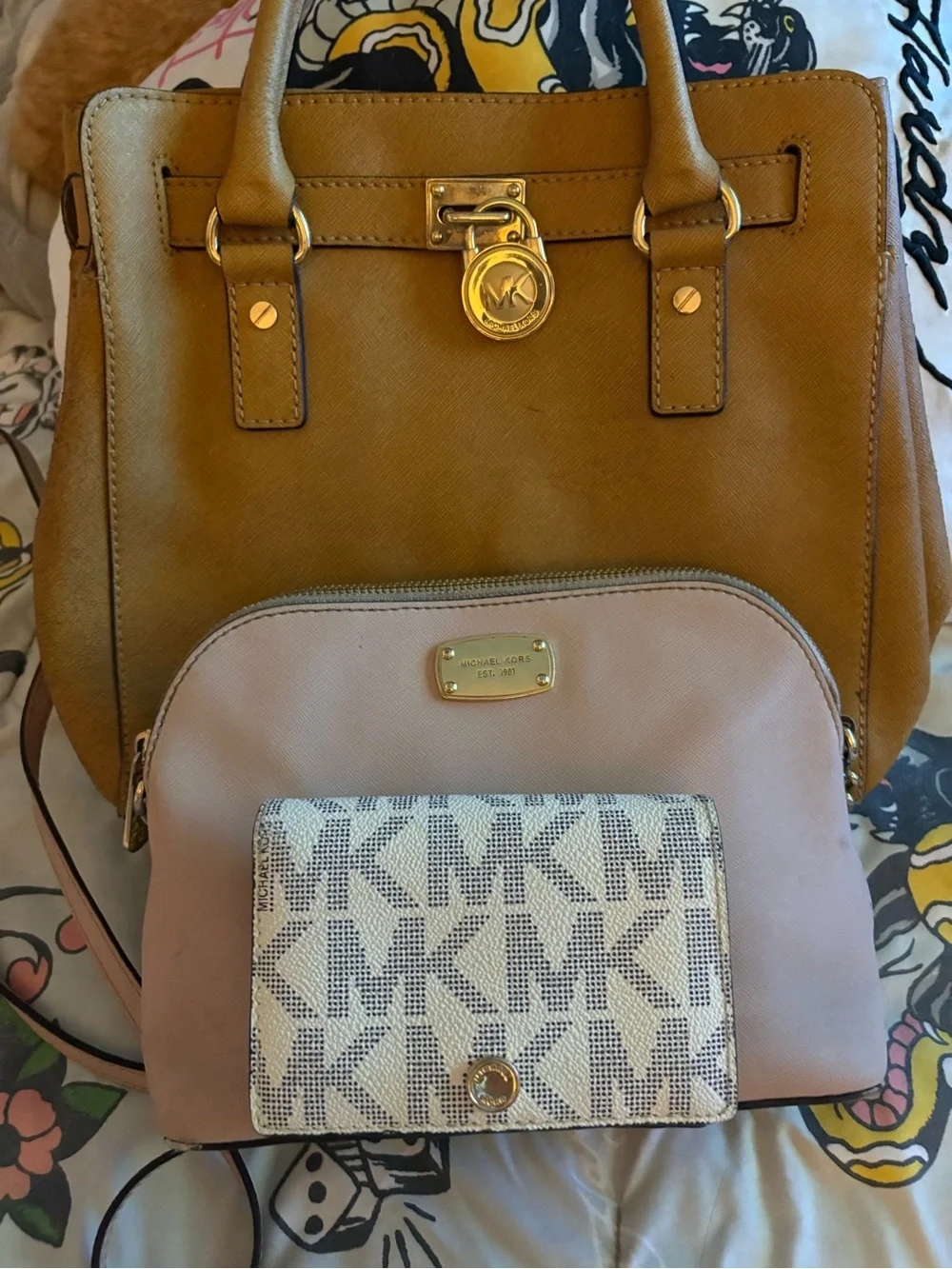 Michael Kors 3 pieces Lot Leather Tote with Blush Crossbody and MK Logo Wallet